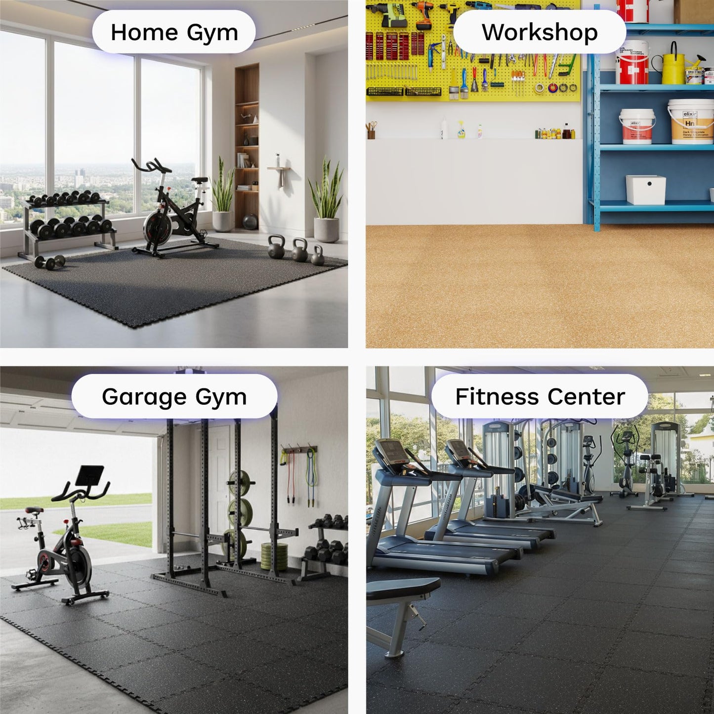 AIRHOP 1'' Ultra-Thick 48 Sq Ft Rubber Top Gym Flooring for Home Gym, 12 Tiles High Density EVA Foam Exercise Mats, Interlocking Puzzle Mats for Home Workout, Floor & Equipment Protection, Wood Grain