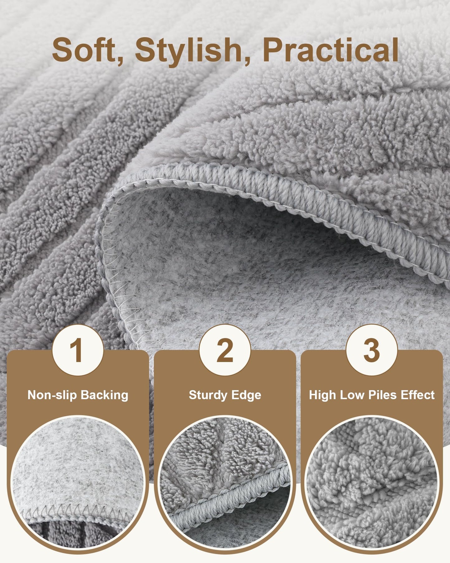 Carvapet 5.2ft Round Area Rug - Light Grey High Low Pile Modern Floor Carpet, Washable Plush 3D Texture Circle Mat with Skid-Resistant Rubber Backing for Living Room Nursery