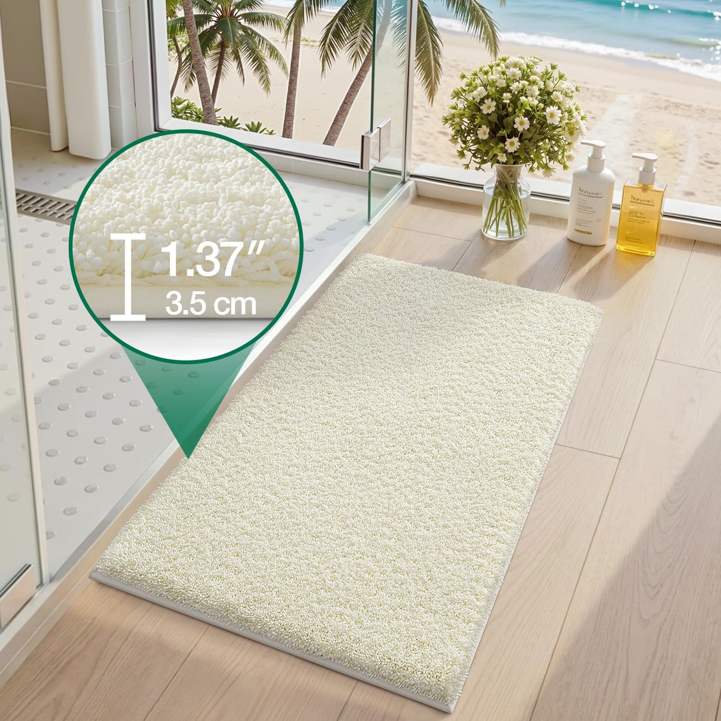 LUMI Cream Bathroom Rugs with Rubber Backing, 20x32 Absorbent Extra Thick Soft Plush Microfiber Bath Mat, Machine Washable Carpet for Bathroom Shower, Tub, Sink, Hotel