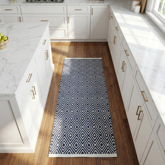 Chenille Cotton Diamond Runner Rug 2x5 Feet - Navy, Reversible Washable Soft Floor Runners Ideal for Kitchen, Hallway, Bedroom, Bathroom | Blue Farmhouse Boho Indoor Use Rugs for Patio Décor