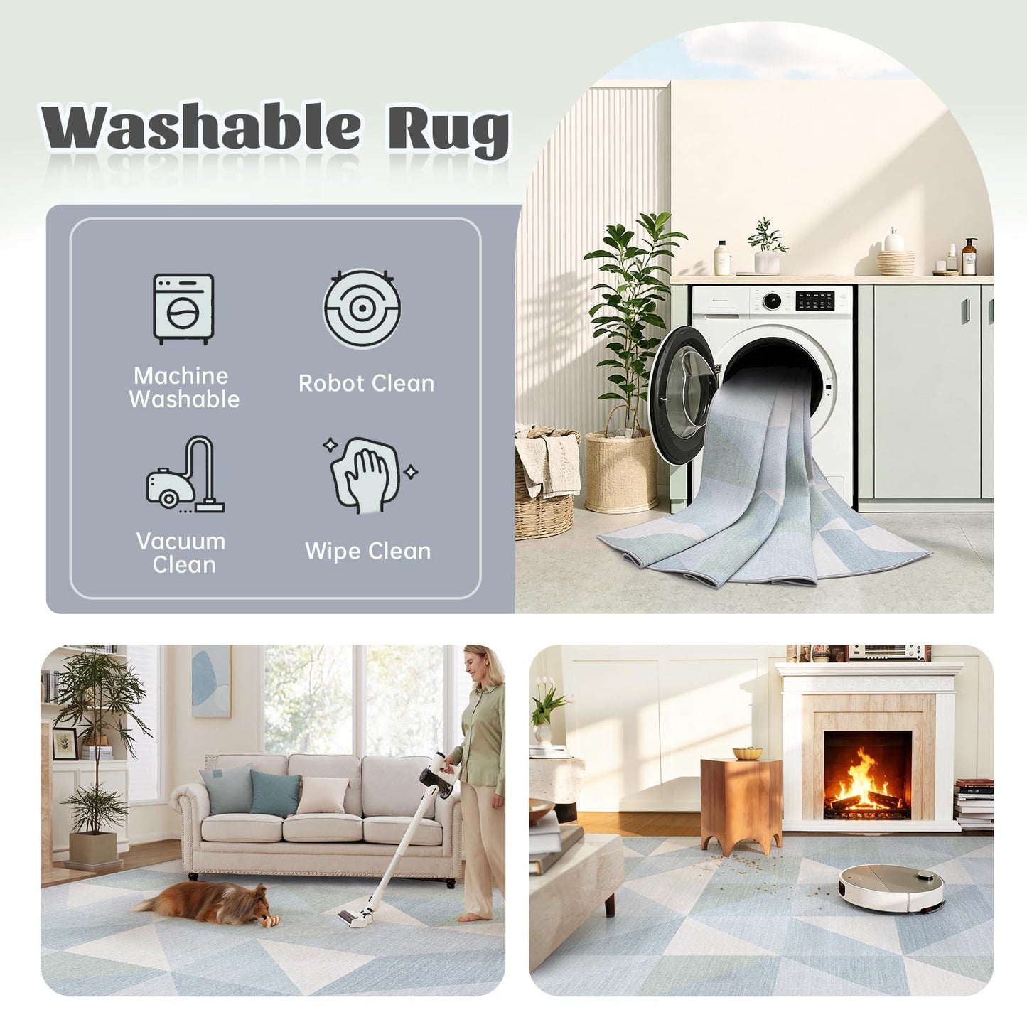 Washable Rug 8x10 Area Rugs: Modern Geometric Area Rug for Living Room Non-Slip Neutral Soft Carpet Low Pile Stain Resistant Indoor Rugs for Bedroom Nursery Dining Room Office (Light Blue, 8'X10')
