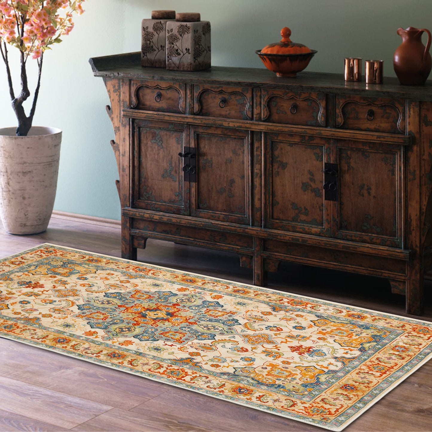 COMSLE Boho Distressed Area Rug 2' x 4', Machine Washable Faux Wool Non-Slip Small Rug for Entryway, Bedroom, Kitchen - Indoor Floor Carpet