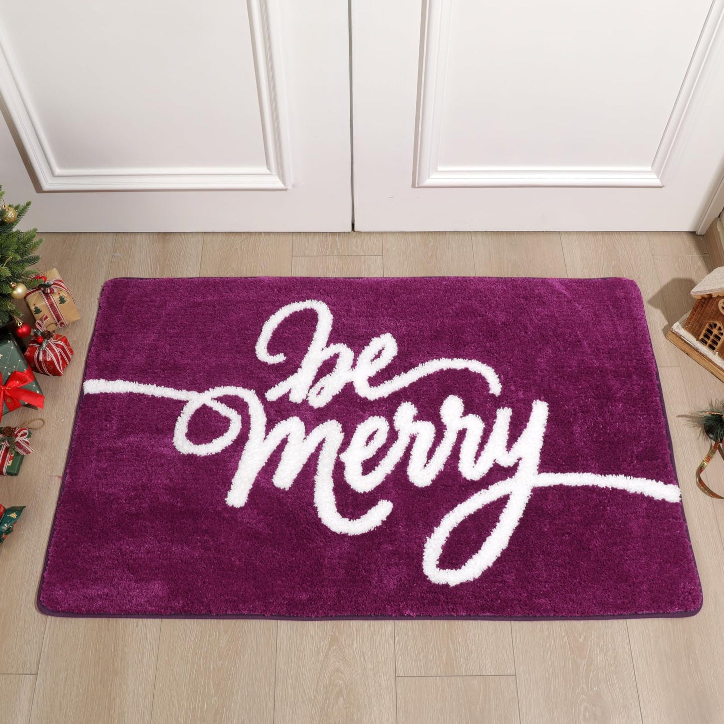 HunnmingRe 48 x 30 Inch Christmas Bathroom Rug Large Extra Soft Absorbent Bath Mat Purple Non Slip Bath Rug Be Merry Holiday Xmas Home Decor for Indoor, Living Room, Bedroom