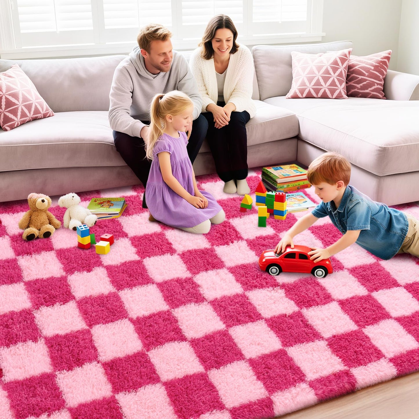 Quntue Checkered Rugs for Bedroom, 4x6 Ultra Fluffy Fuzzy Shag Area Rug for Living Room, Modern Plush Soft Upgrade Non-Slip Carpet for Girls and Kids Room Dorm Nursery Home Decor, Pink and Hot Pink
