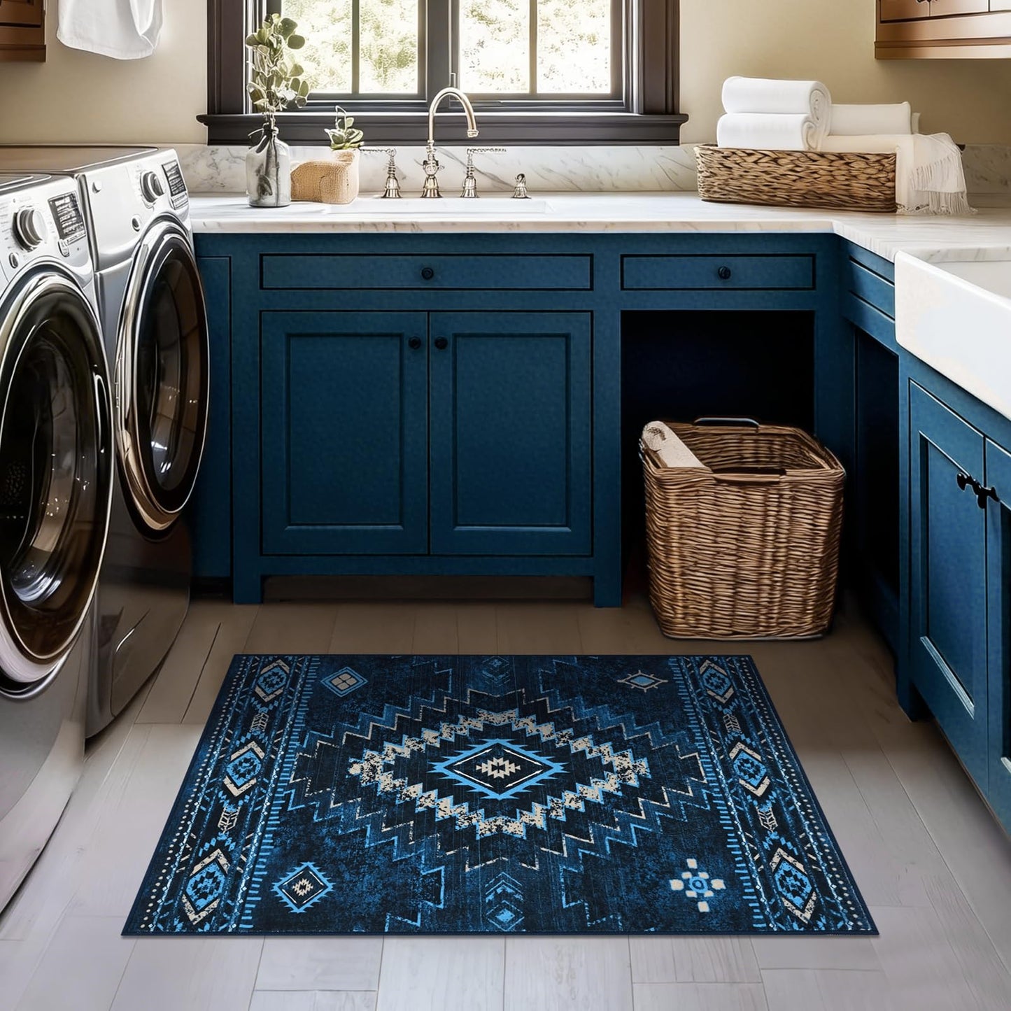 Yinhua Western 2x3 Rug Non-Slip, Aztec Entryway Rugs Low-Pile, Navy Blue Moroccan Washable Rug Stain Resistant, Front Door Rugs with Rubber Backing for Bathroom Kitchen Hallway