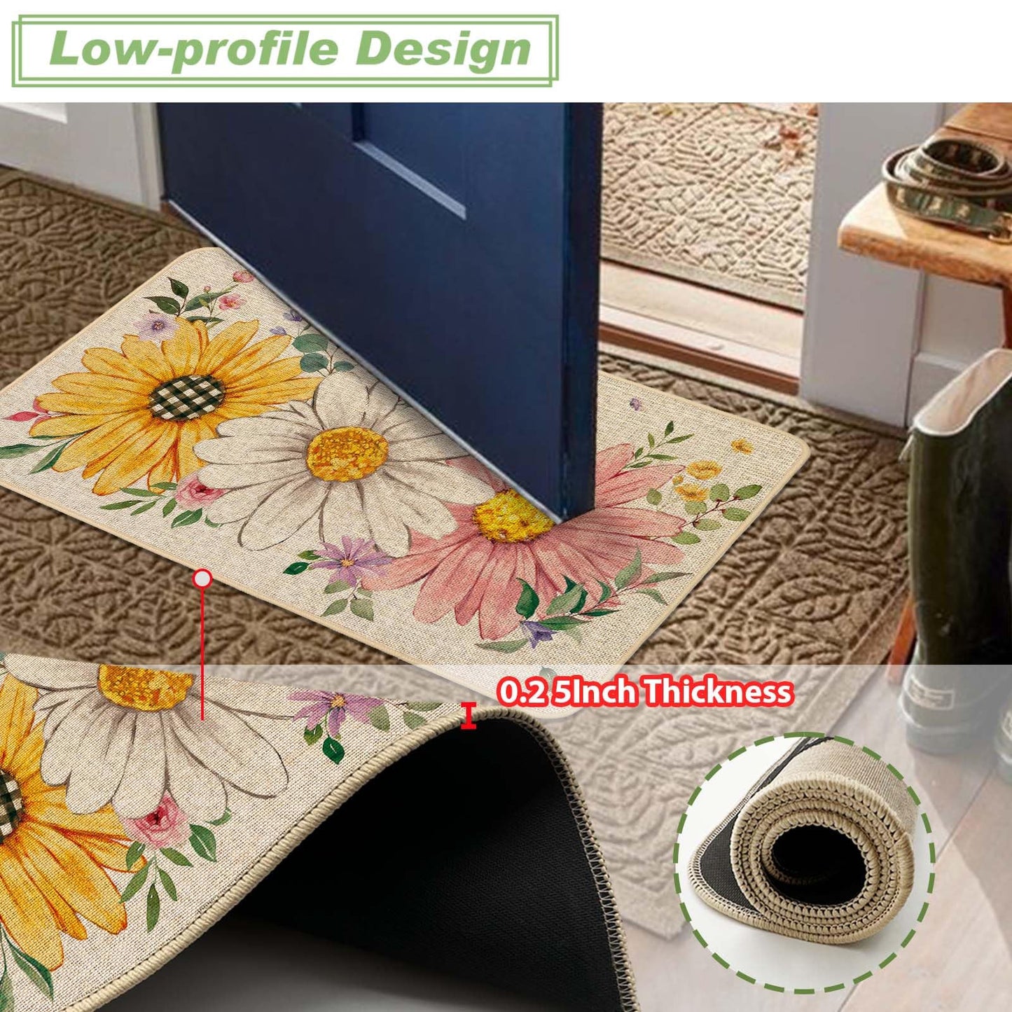 Baccessor Spring Summer Floral Doormat Outdoor Outside, Sunflower Daisy Flowers Door Mat Low-Profile Non-Slip Rubber Backing Entrance Front Seasonal Holiday Decoration 17x29 Inch