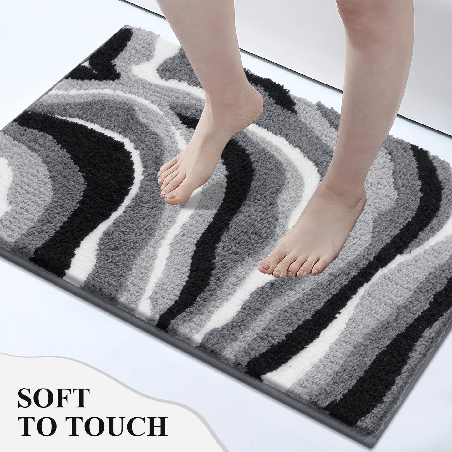 Bsmathom Bathroom Rug Set 5 Piece, Soft Non Slip Microfiber Bath Mat, Machine Wash Bathroom Mat Set, Water Absorbent Bath Mats with Toilet Cover, Bath Runner and U-Shaped Contour Toilet Rug, Black