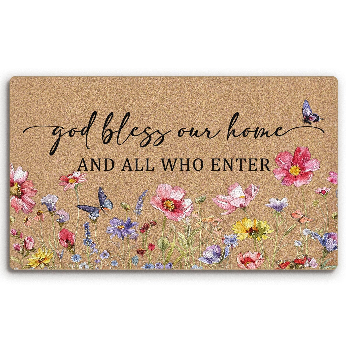 BitKAM Christian Floral Coco Coir Doormat Door Welcome Mat for Home Entrance Front Door, God Bless This Home All Who Enter, Bible Verse Wildflower Floor Mats for Outdoor Outside Entryway 30x17 Inch