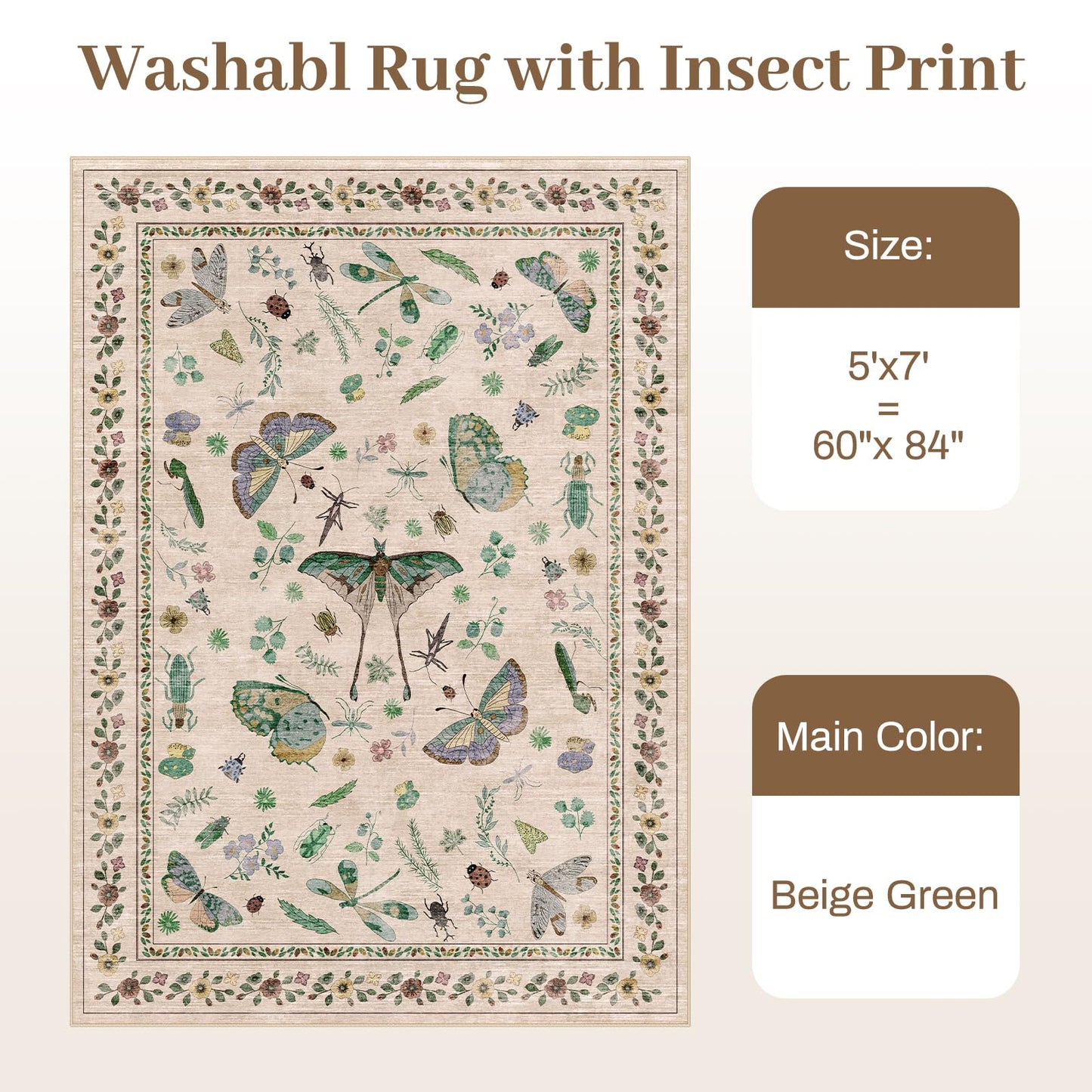 5x7 Washable Area Rug with Insect Print - Bug Rug Non-Shedding Stain Resistant Soft Carpet for Bedroom, Low Pile Ultra-Thin Machine Washable Carpet for Dining Room, Kids Nursery, Office (5'x7' Beige)