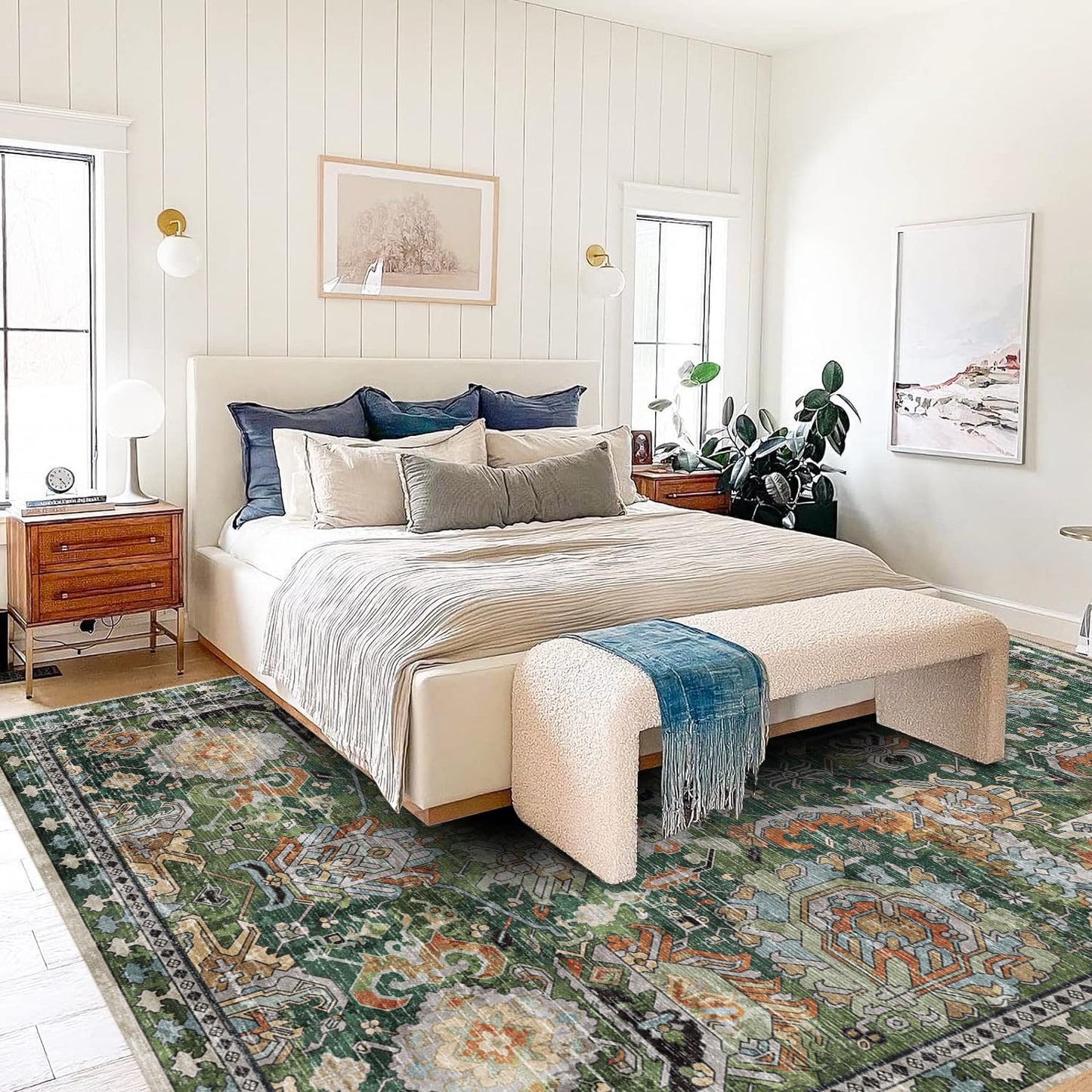 RUGSURE Washable Area Rugs - Perfect for Living Room, Bedroom, Kids Room, Nursery - Stain & Water Resistant Non-Slip, Pet & Child Friendly, Vintage Tribal Area Rugs (Green, 3' x 5 ')