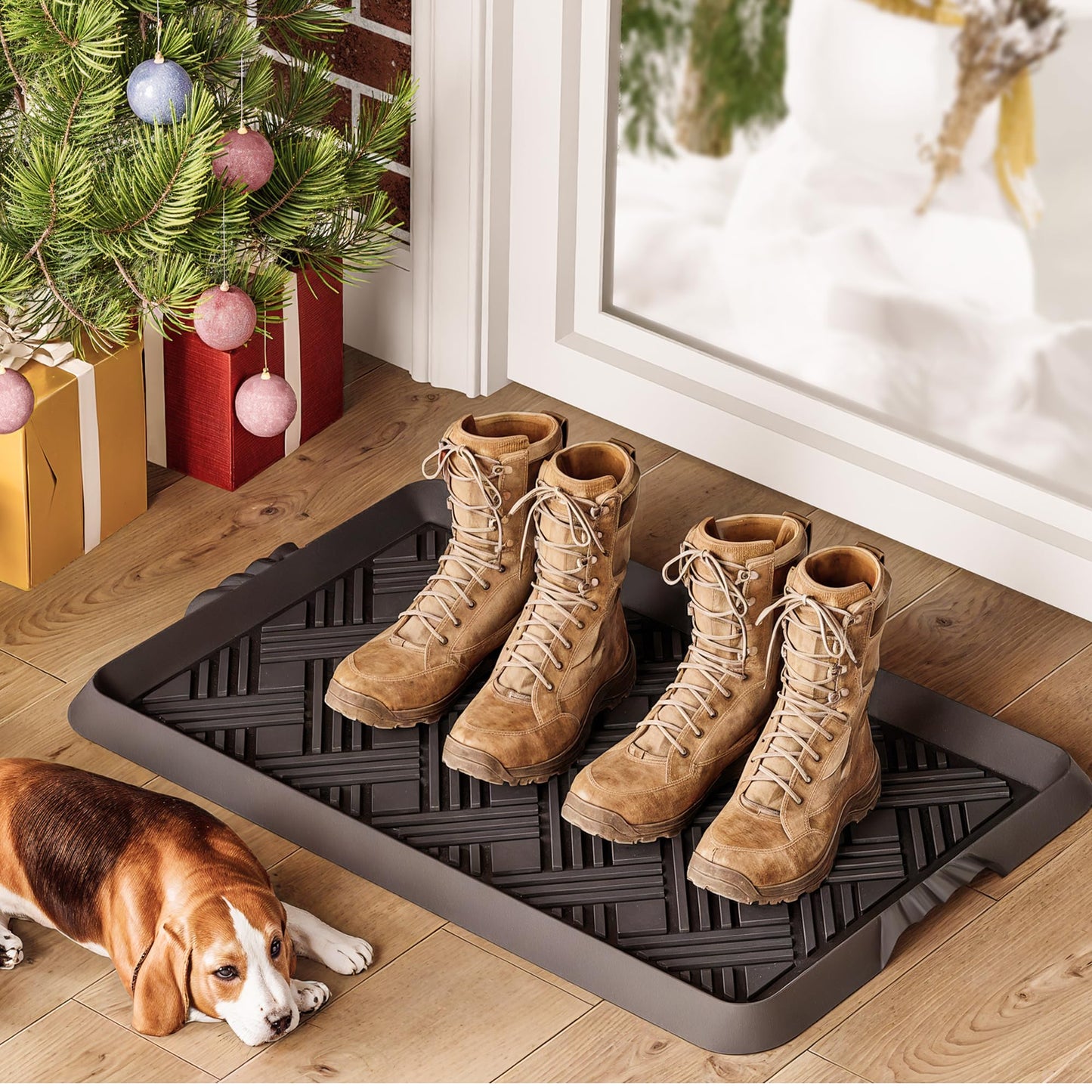 LFCONNECT Rubber Boot Tray, Shoe Trays for Entryway, Versatile Boot Mat Tray with Raised Edge, 27.5"x16" Rubber Mat for Shoe Organizer Indoor/Outdoor Use