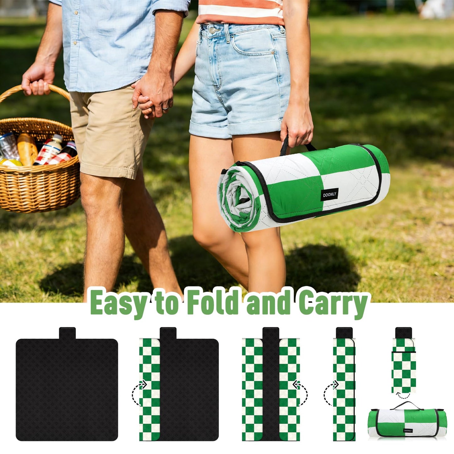 Doonly Picnic Blanket, Large Waterproof Sandproof Beach Blanket, Foldable Outdoor Blanket Gingham Picnic Mat for Beach, Camping, Park, Grass, Lawn, Travel (Green)