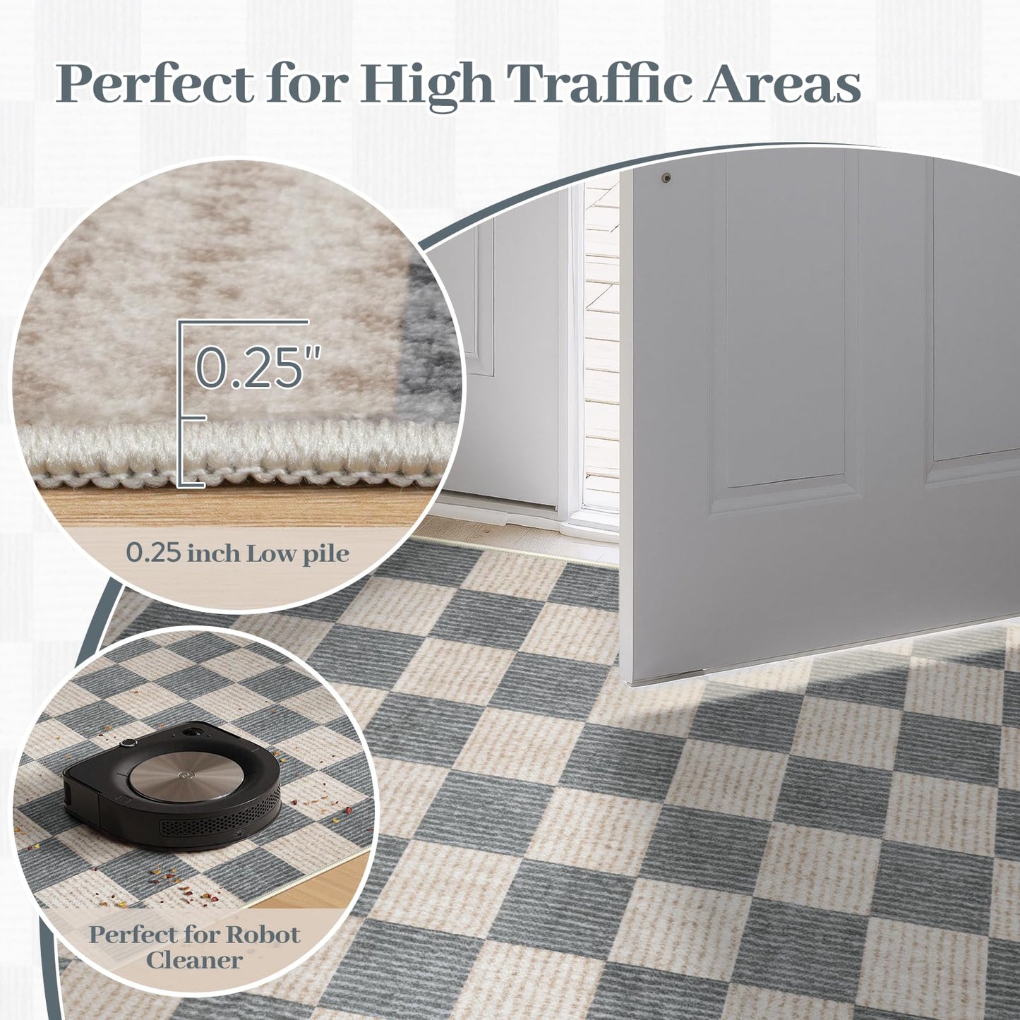 LIVEBOX Machine Washable Area Rug 6x9 Checkered, Non Slip Soft Large Bedroom Living Room Rug Farmhouse Neutral Classic Geometric Pattern Boys Rug, Indoor Carpet for Den Dorm Playroom(Grey,6'x9')