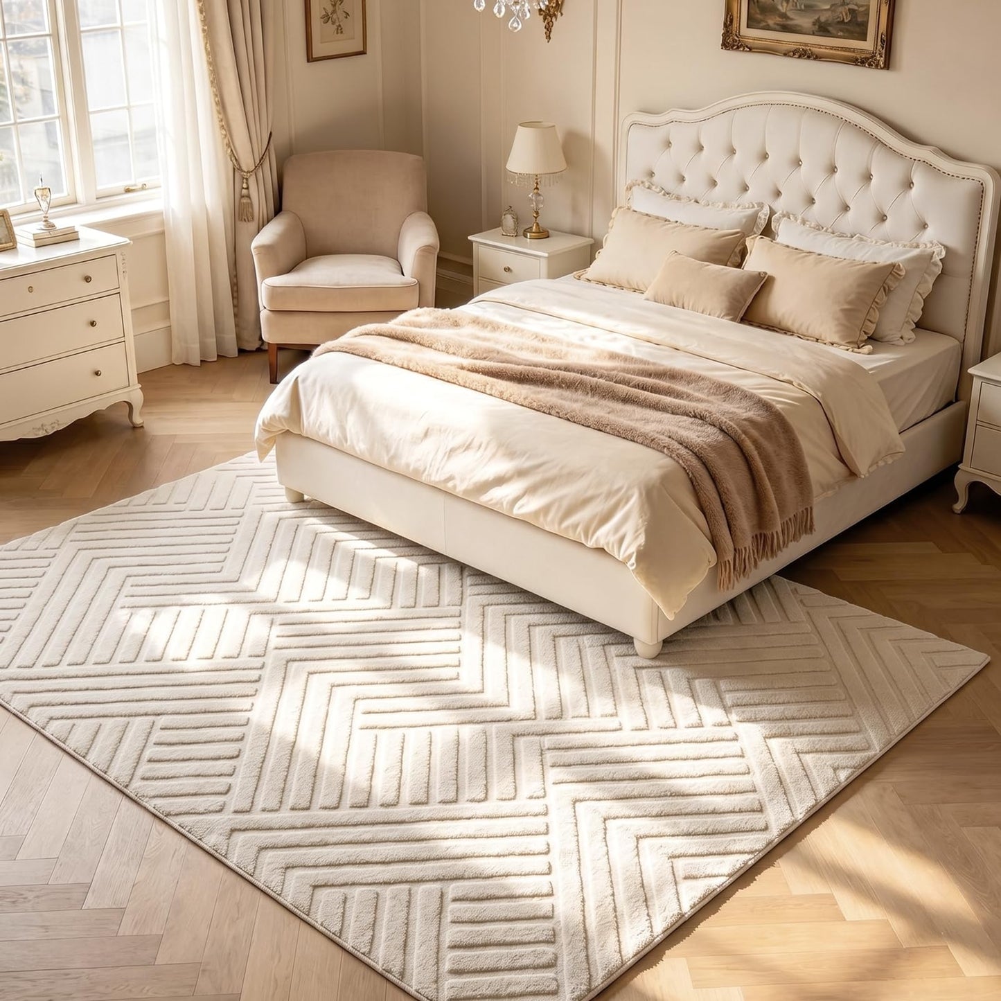 Bsmathom 5x7 Washable Area Rug, Boho Neutral Modern Soft Carpet Mat, Beige