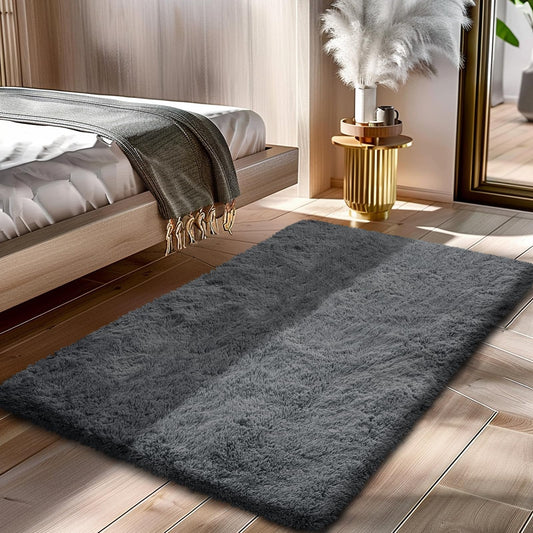 Fluffy Rug Shag Area Rug, Grey 2x4 Area Rugs for Bedroom, Small Bedside Rug, Soft Fluffy Shag Entryway Throw Rugs for Living Room Bedroom Room Home Decor