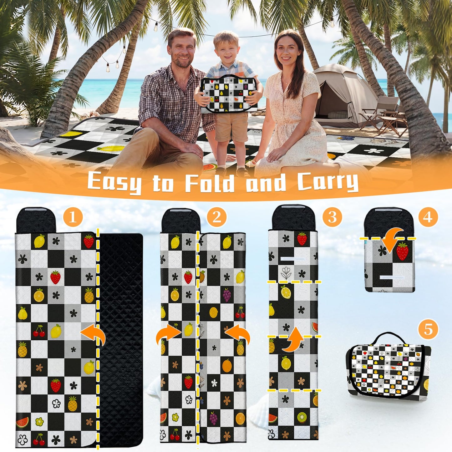 Alissgorat Picnic Blankets Outdoor Blanket,80"x 80" Extra Large Waterproof Sandproof Foldable Beach Blanket Grid Picnic Mat for Camping,Lawn,Park(Black)