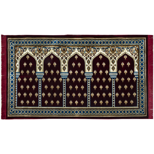 Modefa Turkish Islamic Prayer Rug - Multi Person Janamaz Sajada for Family or Large Gathering & Group Praying Carpet - Wide Plush Velvet Praying Mat (Mihrab Red - 5 Person)