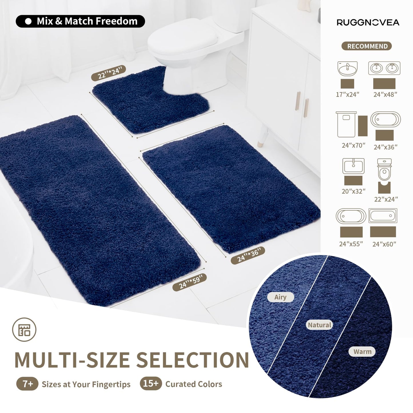 Ruggnovea Bathroom Rugs Non Slip Washable, Ultra Thick Soft Microfiber Absorbent Bath Mats, High Density Foam Latex Non Slip Backing Bath Rugs, Fluffy Floor Carpet for Tub&Shower 24x17, Navy