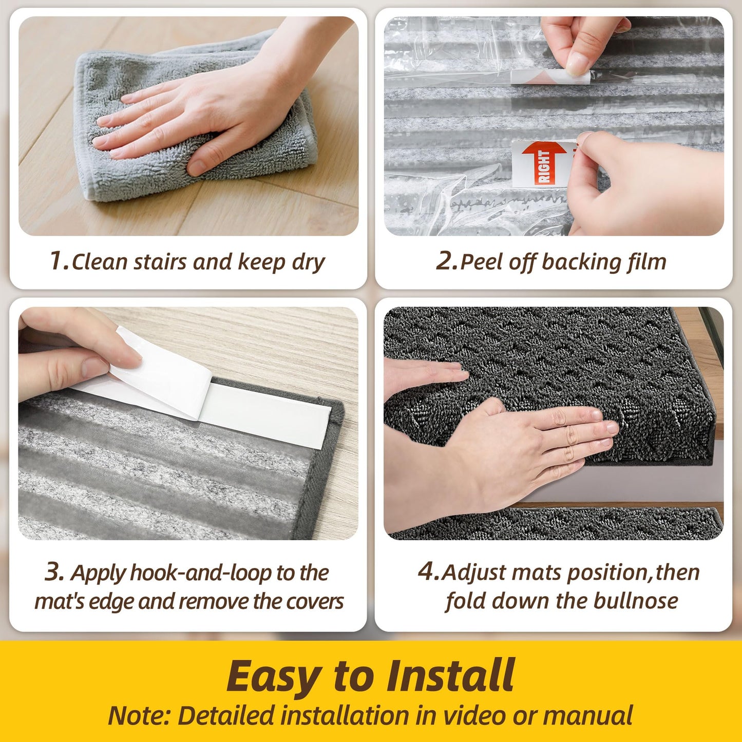 JSEI Bullnose Carpet Stair Treads, 14 Pcs Non Slip Stair Treads for Wooden Steps Indoor with TPE Backing, 11" x 30" Machine Washable Stair Runners with Edge Protection for Kids and Elders, Dark Grey