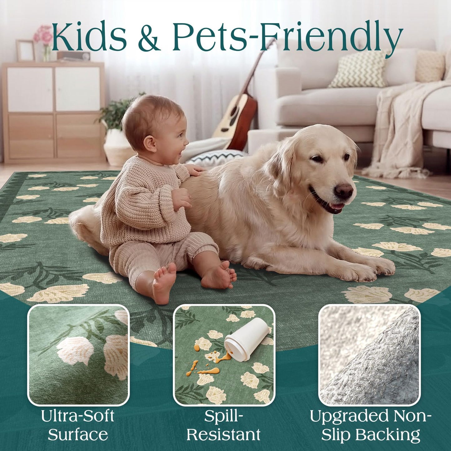 Othilic Sage Green 6ft Round Area Rug for Living Room - Large Washable Floral Boho Farmhouse Scalloped Circle Rug for Bedroom Stain Resistant Dining Room Rugs for Under Table Soft Non-Slip Nursery Rug