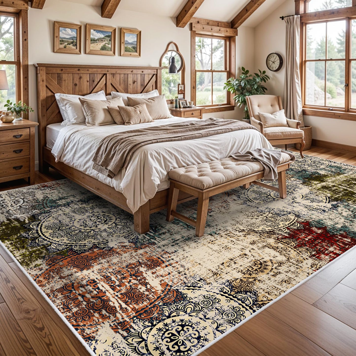 BYYVVO 9x12 Living Room Area Rugs - Washable Abstract Large Rug Ultra Soft Non-Slip Carpets for Bedroom Stain Resistant Low Pile Carpet Indoor Home Decor Mat 9x12 Red Green Multi