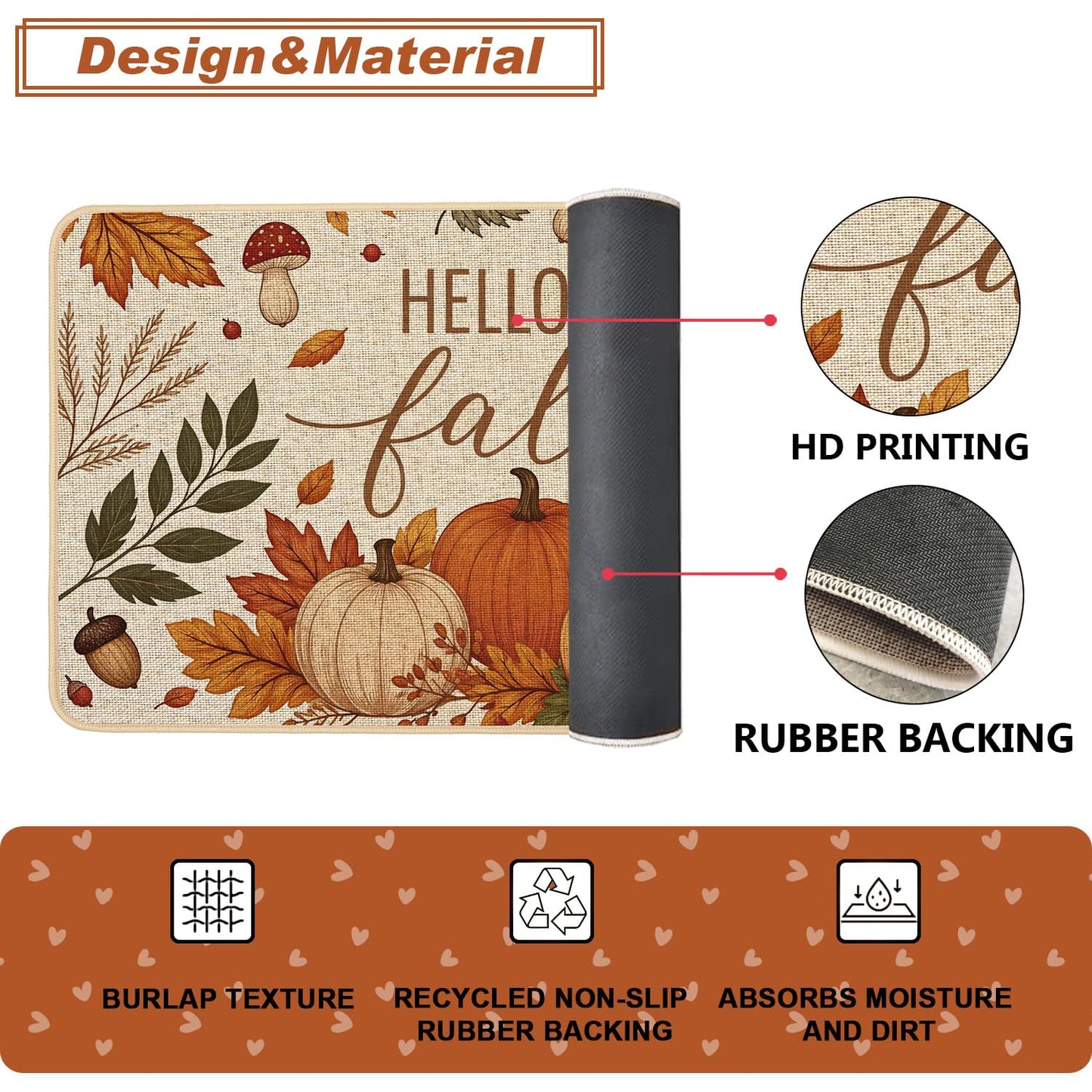 Baccessor Fall Kitchen Rugs Set of 2, Pumpkin Mushroom Kitchen Mats for Floor Washable Low-Profile Farmhouse Autumn Holiday Home Indoor Outdoor Decor 17x29 and 17x47 Inch