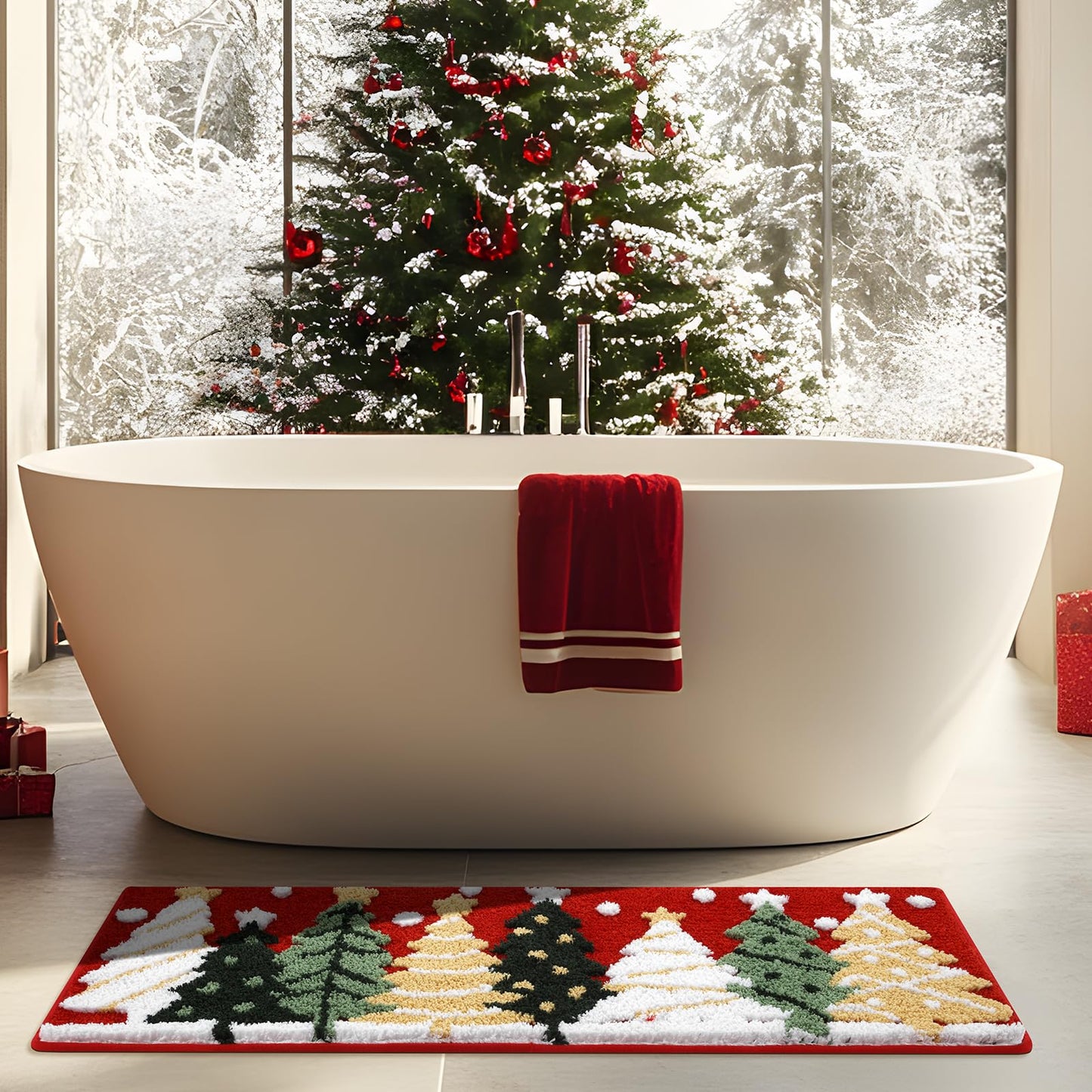 Moutina Christmas Tree Bathroom Runner Rug 18x45 Inch, Winter Soft and Absorbent Tufted Xmas Snowflake Bath Mat Non Slip Washable, Christmas Bathroom Decor Rug Red Holiday Decorations