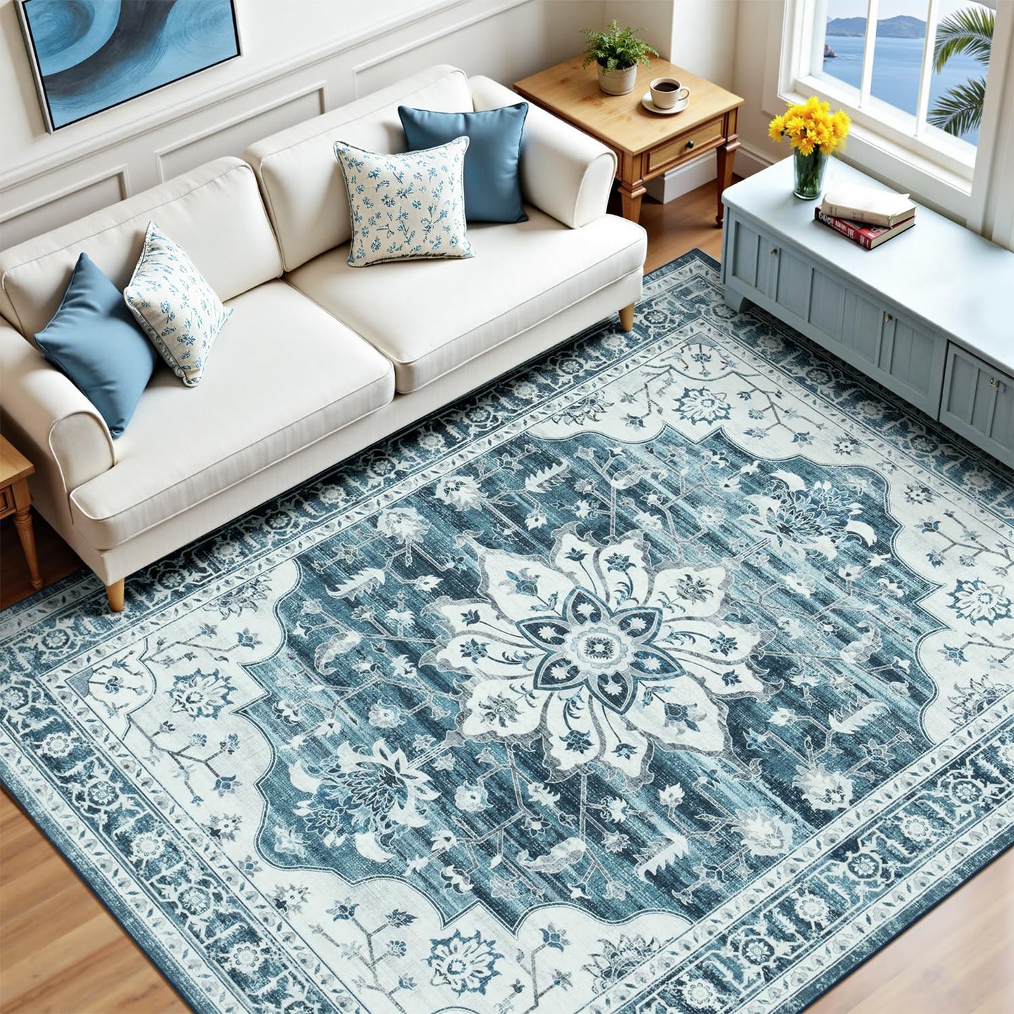 Vibrug 5x7 Coastal Blue White Area Rugs for Living Room - Vintage Boho Medallion Aesthetic Distressed Washable Rug, Soft Non-Slip Backing Low Pile Carpet for Office, Lounge, Bedroom Foot of Bed