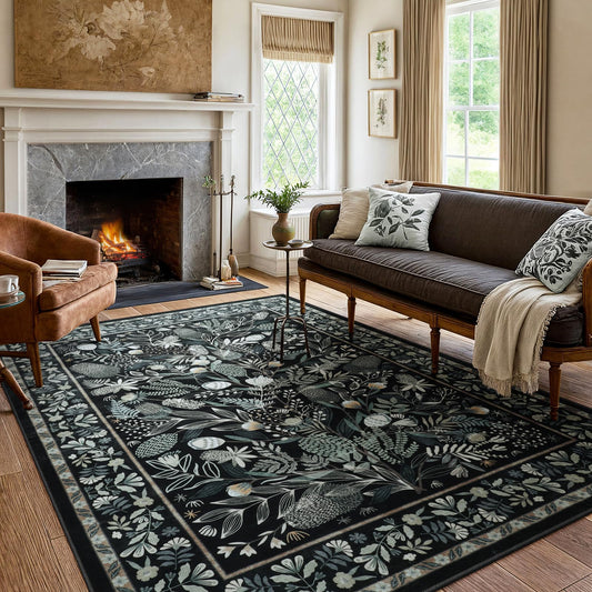 Anidaroel Black Botanical Floral 8x10 Rugs for Living Room, Washable Large Area Rugs for Bedroom Non-Slip Soft Modern Rugs, Ultra-Thin Indoor Throw Carpet Mat for Dining Room Nursery Office