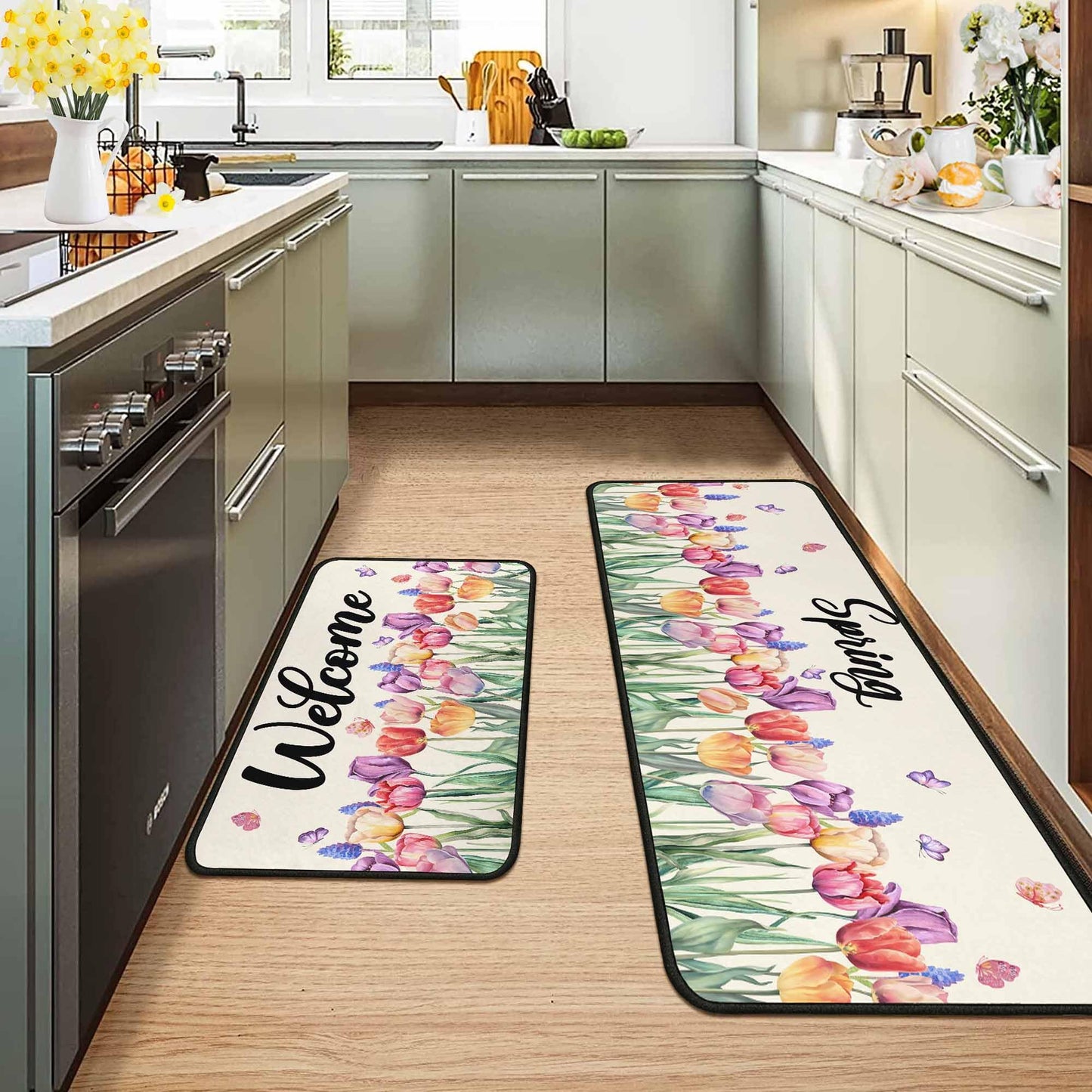 OUXIOAZ Tulip Floral Spring Decorative Kitchen Rugs Set of 2,Welcome Spring Summer Seasonal Holiday Decorations for Home Kitchen 17"x47"+17"x30"