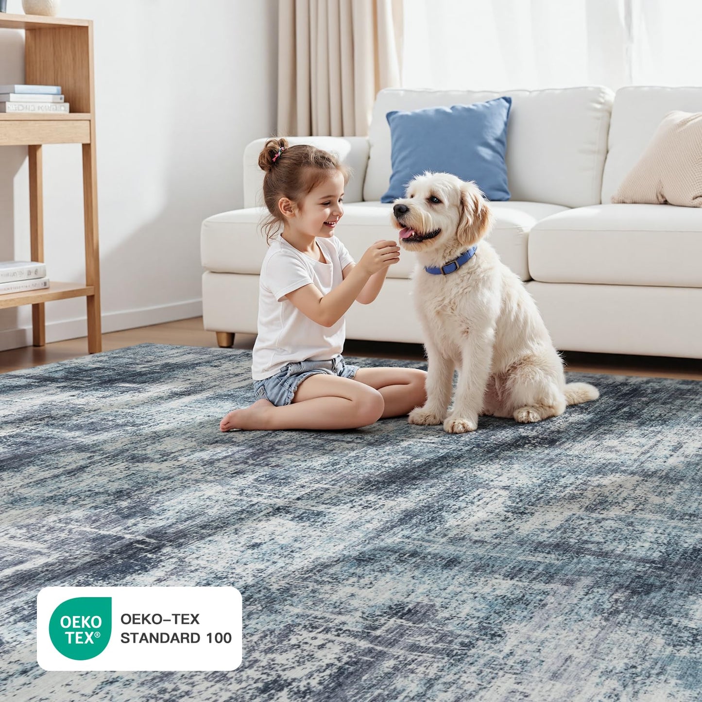 Lofus 9x12 Area Rug for Living Room, Blue Abstract Large Rugs with Non-Slip Backing, Neutral Modern Washable Carpet for Bedroom Dining Room Home Office Nursery Indoor