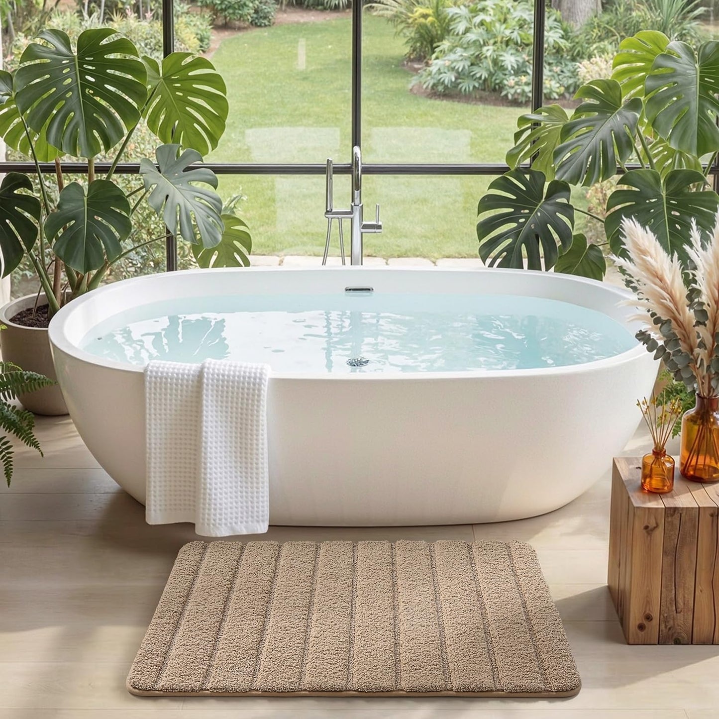 DEXI Bathroom Rugs 30x17, Machine Washable Non Slip Bath Mat, Soft Microfiber Absorbent Quick Dry Bath Rugs for Shower Floor, Sink, Tub, Beige