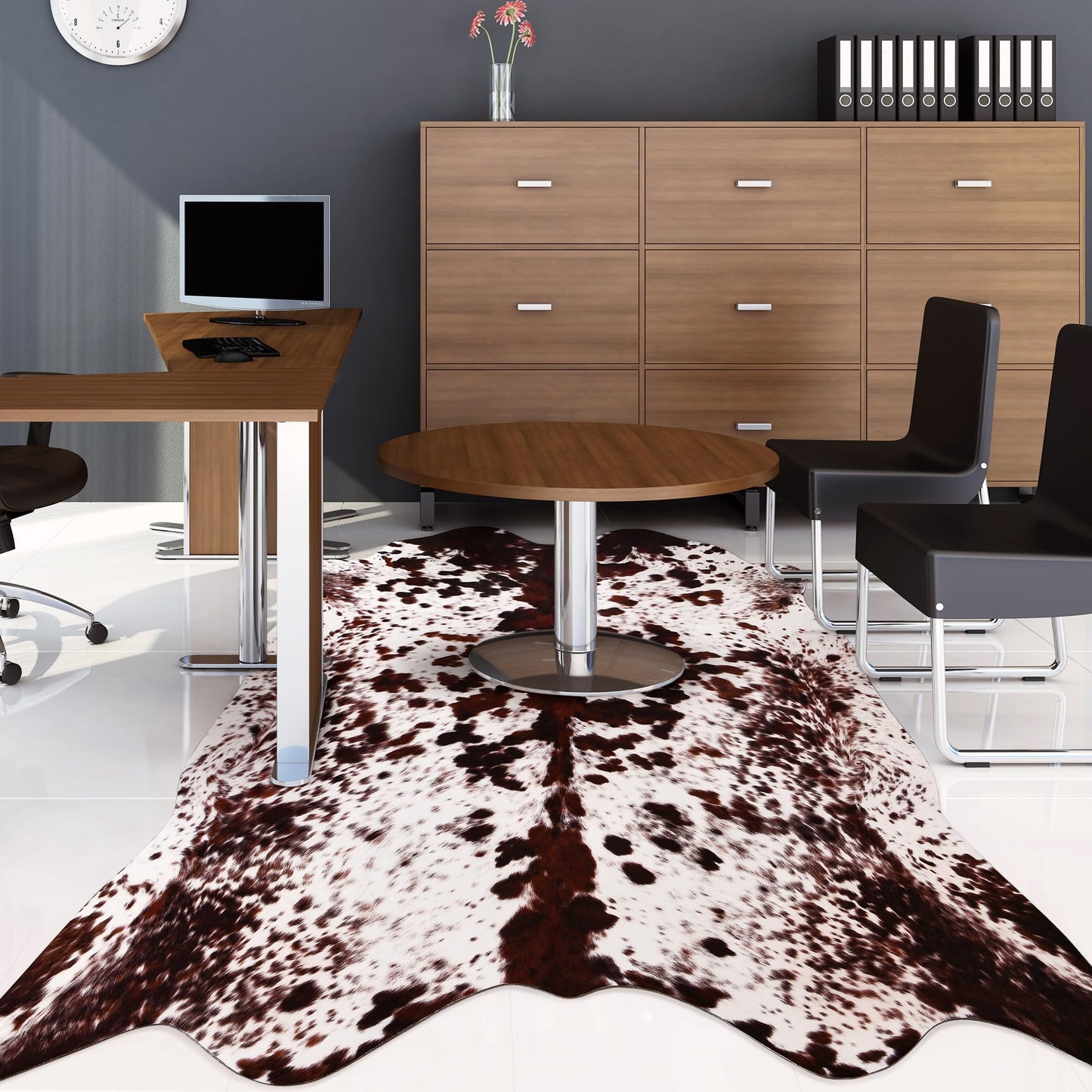 SUNYIWEI Faux Cowhide Rug, 4.6 x 5.2 ft Cowhide Rug for Living Room, Bedroom, Wall - Non-Slip,Brown White