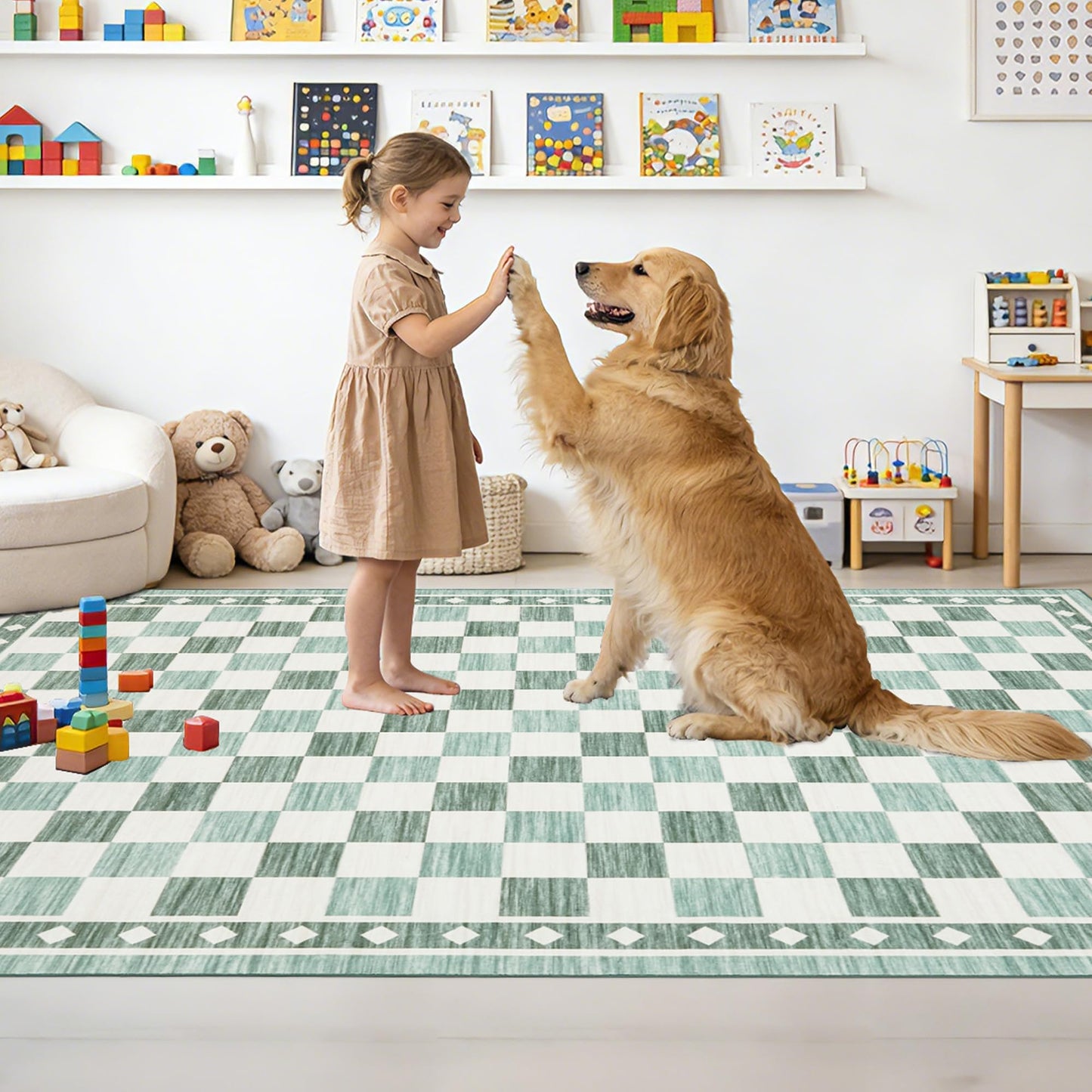 Garvee 9x12 Checkered Area Rug, Washable Soft Rugs for Living Room, Modern Geometric Non Slip Low Pile Carpet for Bedroom, Dining Room, Green