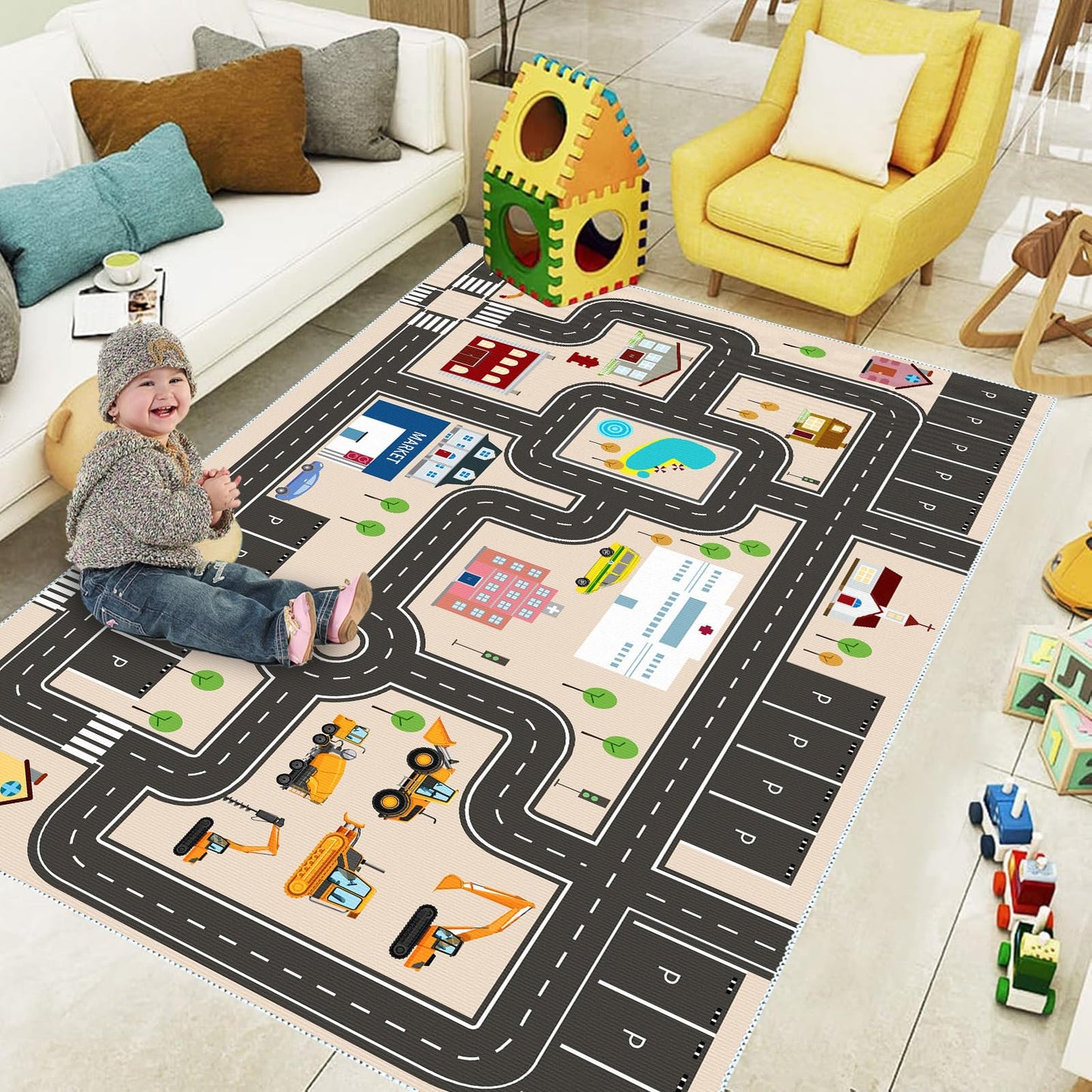Jngred Kids Car Rug Playmat with Non-Slip Rubber Backing，Car City Life Road Carpet，Child Car Traffic Rugs ，Train Track Play Mat(80×120cm/32×47in)