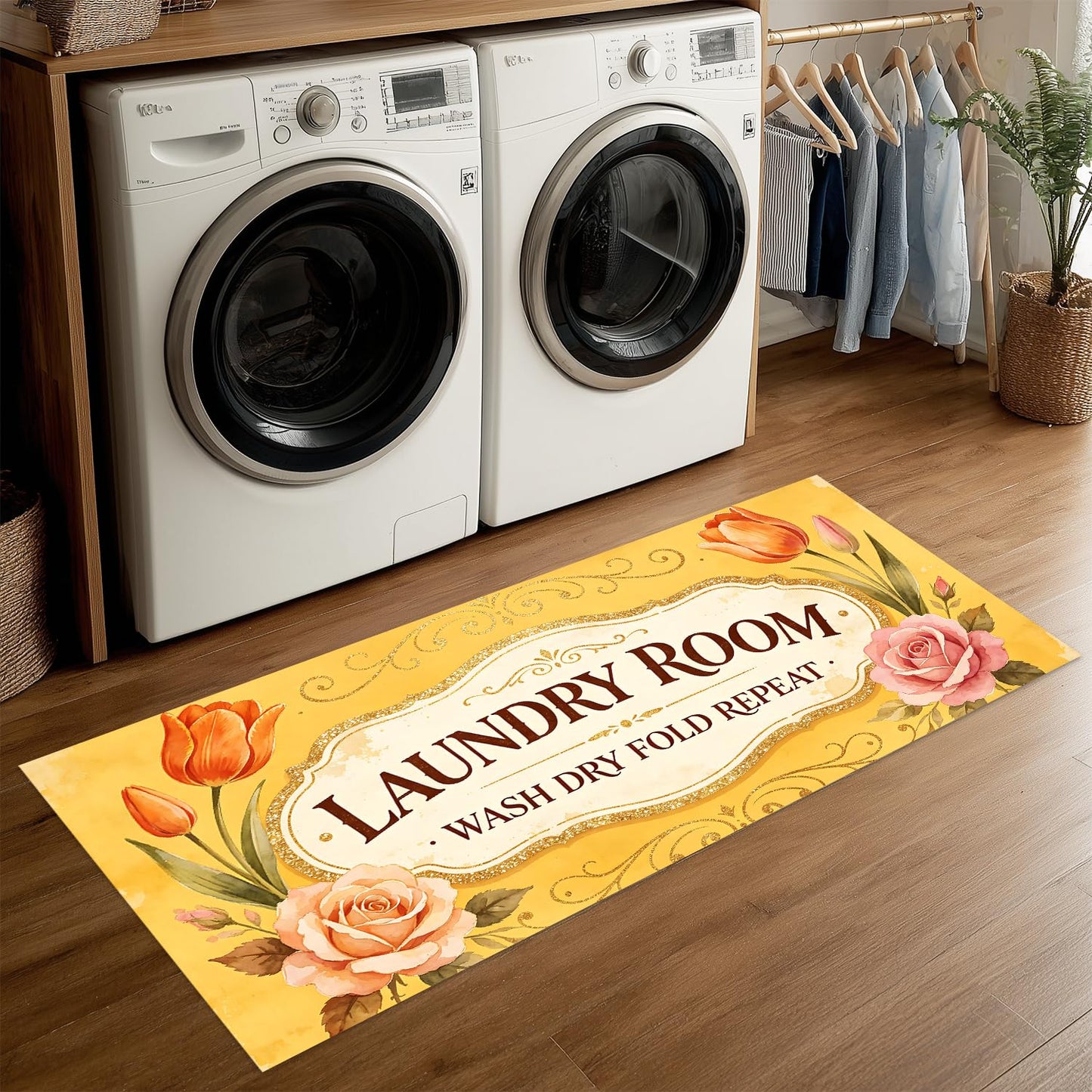LEIWEIHOPE Rose Lily Summer Runner Rug 20x47 inch Non-Slip Waterproof Laundry Room Rug Kitchen Runner Bathroom Mat with Festive Designs,Outdoor Indoor Entryway Floor Mat Home Decor