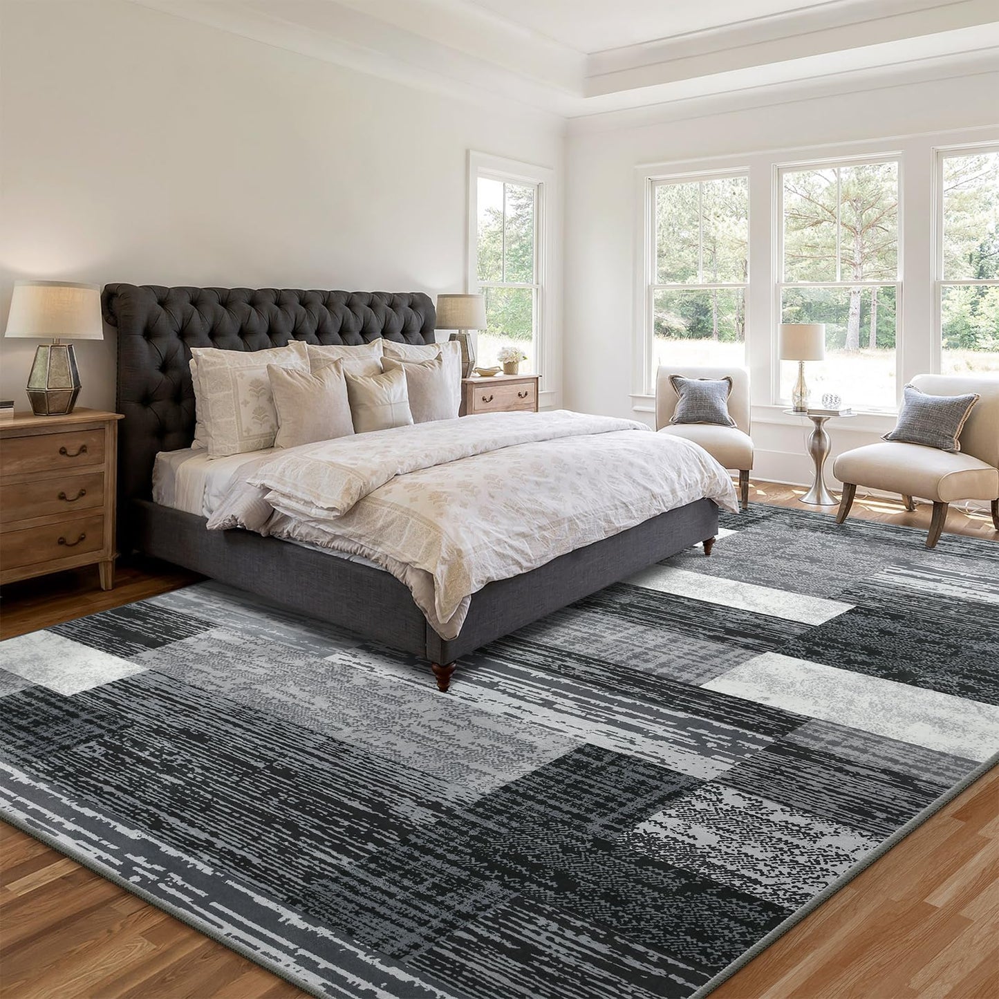 Large Area Rugs,Modern Geometric Patchwork Floor Decor for Bedroom Aesthetic Carpet, Rockwood Collection, Indoor Rugs for Living Room, Dining Room, Nursery, Office, Machine Washable Rug,4x6 Ft Grey