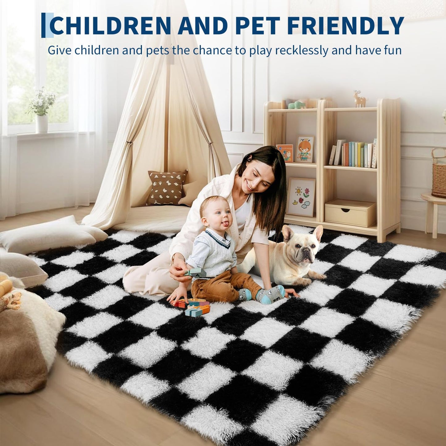 Garvee Checkered Area Rug 9x12 Large Rug Thick Super Soft Shaggy Rugs Fluffy Carpet Fluffy Fuzzy Shag Washable Rugs for Living Room Nursery Bedroom Luxury Playroom Teen Plush Carpets,Black and White