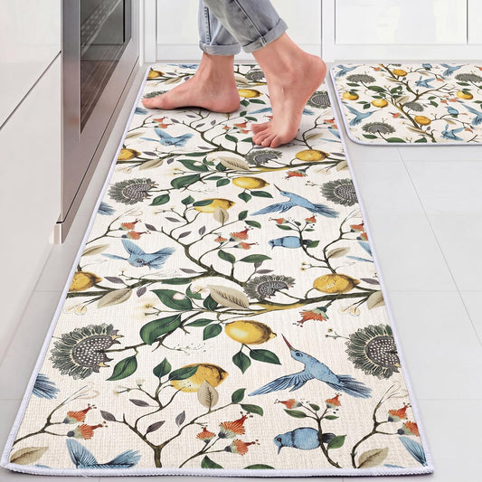 Breling 2 Pcs Lemon Bird Mats for Kitchen Waterproof Anti Fatigue Comfortable Kitchen Rugs Vintage Lemon Tree Flower Floor Mats Non-Slip for Summer Home Entryway Laundry Room Farmhouse Seasonal Decor