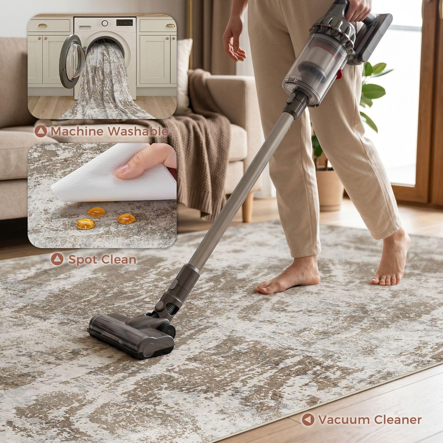 DMOYEST 10x14 Washable Area Rug: Abstract Modern Non-Slip Carpet, Soft Low Pile Indoor Neutral Easy Clean Floor Rugs for Living Room Bedroom Dining Room Kids & Pets - Brown