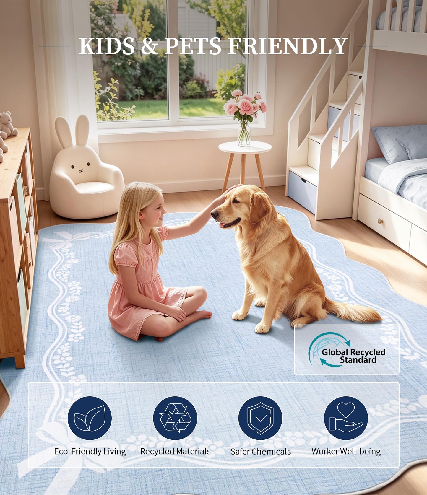 YIHOUSE 5'x7' Area Rug Blue Bow Scalloped Nursery Rug, Cute Princess Girls Bedroom Rug Washable,Non Slip Soft Low Pile Floral Border Carpet for Living Room Family Room Bedroom Standard Space