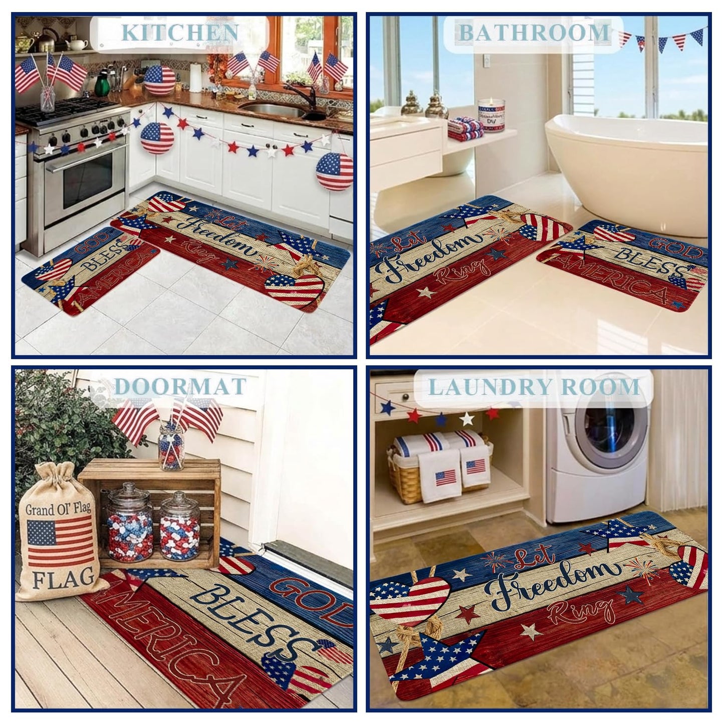 Nmxomug 4th of July Kitchen Rugs Set, Independence Day Kitchen Mats for Floor, 250th Anniversary Kitchen Decor, Holiday Decorations for Home, 17x30 Inch Door Mat + 17x47 Inch Runner Rug