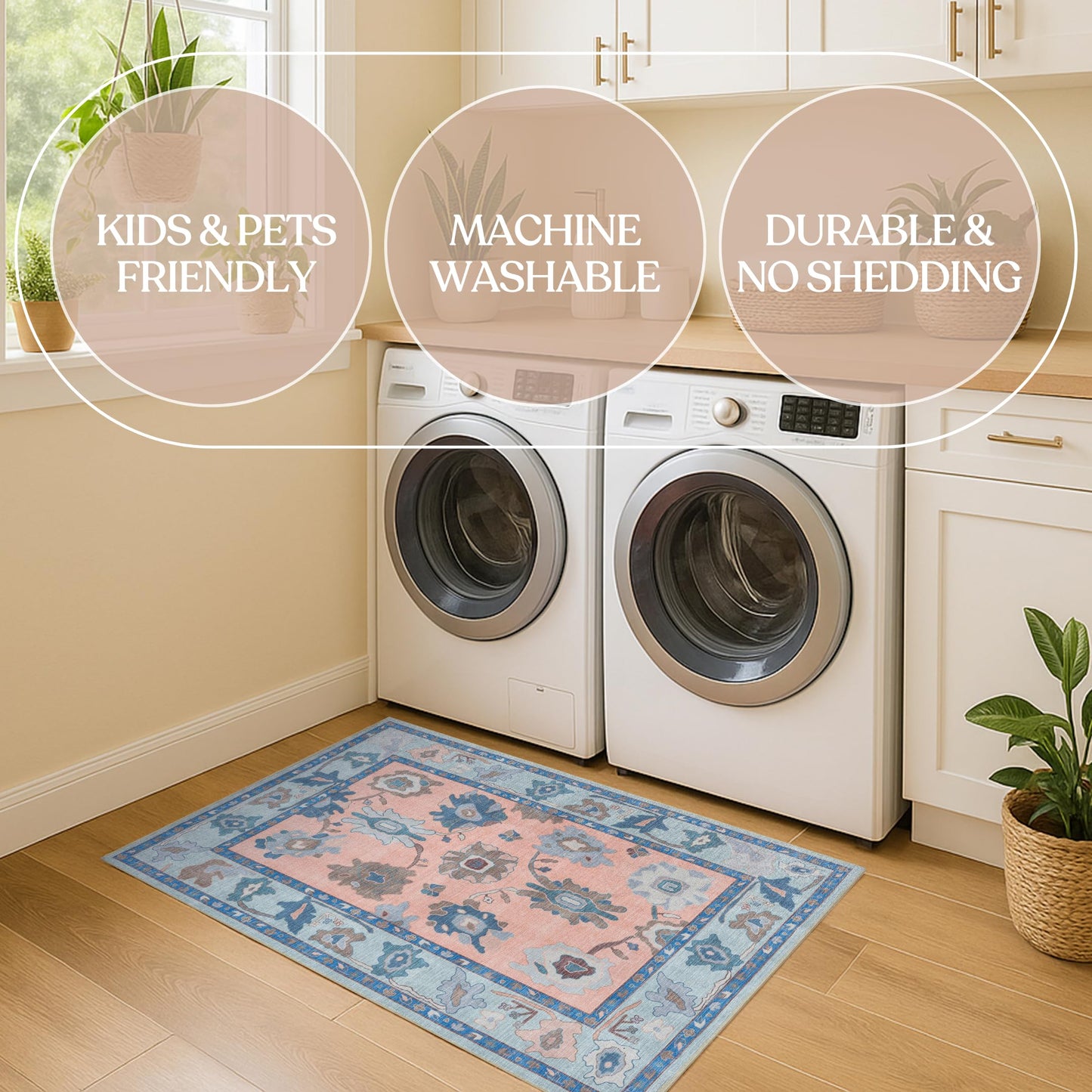 Fame Living Modern Oushak Rug, Vintage, Turkish, Eclectic, Floral, Pastel, Washable, Area Rugs for Living Room, Dining, Bedroom, Office, Entryway, Foyer, Playroom, Nursery, 5'x6'9"