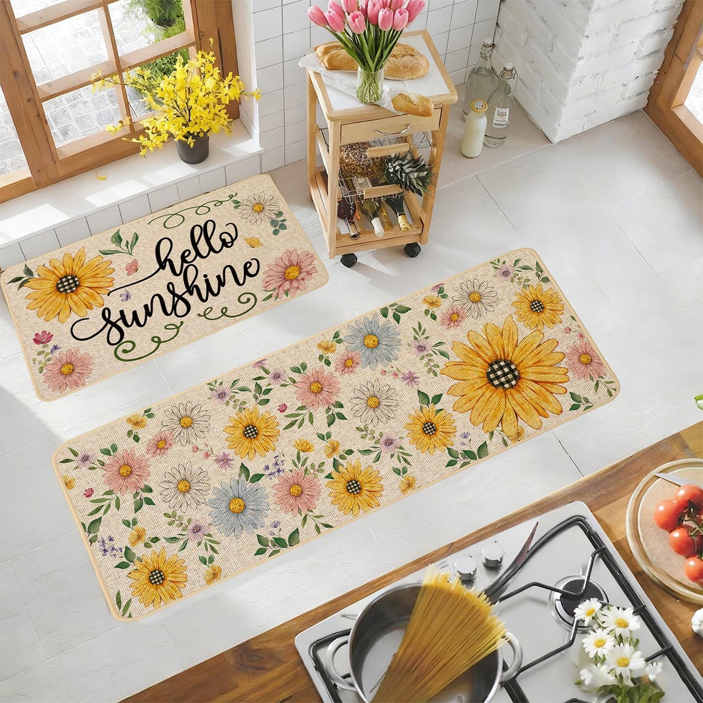 Baccessor Spring Summer Kitchen Rugs Set of 2, Sunflower Daisy Butterfly Floral Kitchen Mats for Floor Low-Profile Summer Holiday Home Decor 17x29 and 17x47 Inch