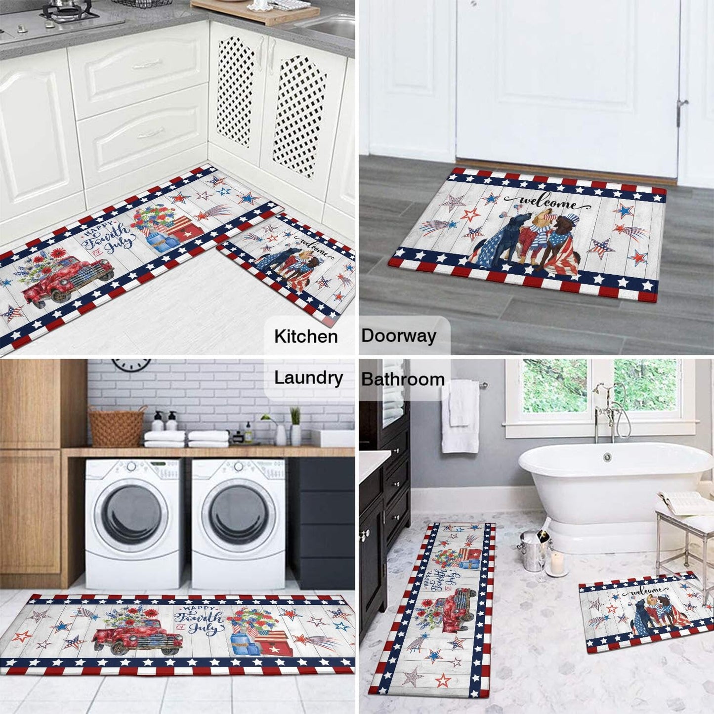 American Patriotic Farmhouse Kitchen Rugs Sets of 2,4th of July Memorial Day Independence Day Mats for Floor,Liberty Freedom Non Slip Holiday Decor Mat for Sink, Laundry, Office 17"x 47"+17"x 30"