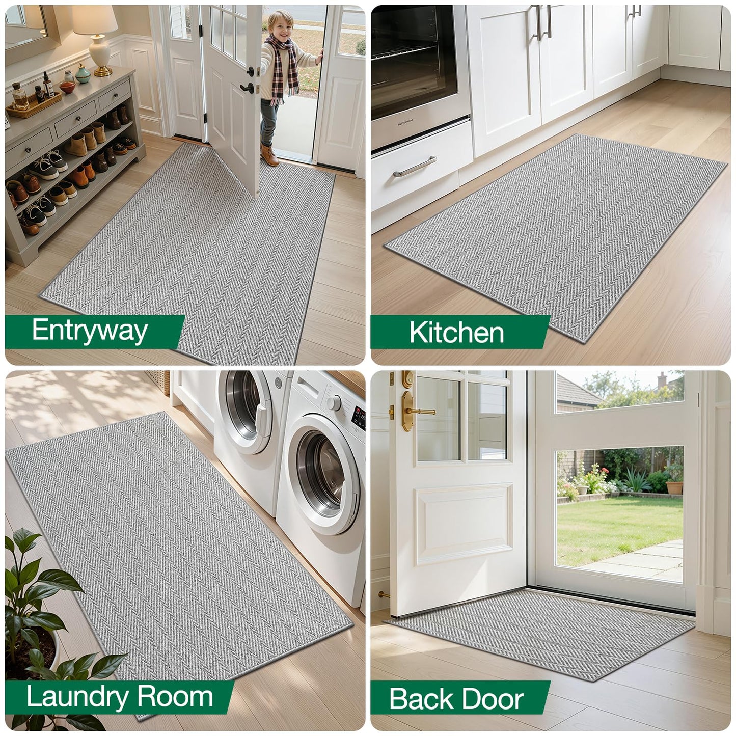 LUMI Ultra Thin Indoor Door Mat for Entrance 24"x36", Non Slip Entryway Mat, Low Profile Doormat, Unique Herringbone Design Carpet for Inside, Patio, Porch, Gray