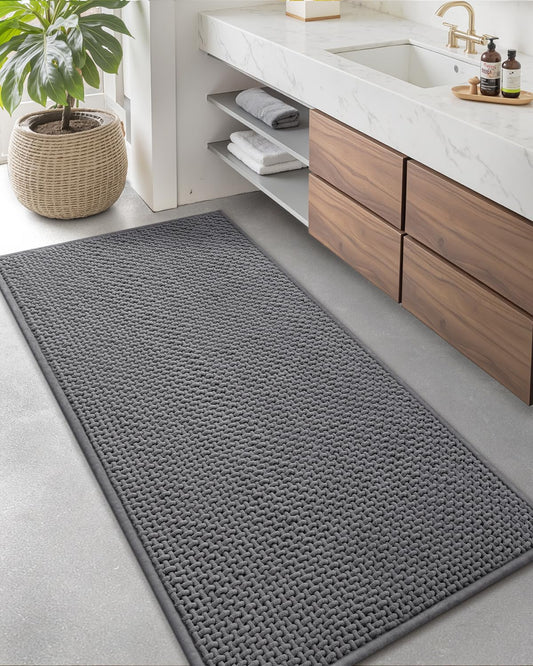 Color&Geometry Rubber Backed Waffle Bath Mat 47x17, Non Slip Water Washable Bathroom Rugs, Soft Absorbent Chenille Boho Carpet for Bathroom Floor, Tub and Shower, Grey