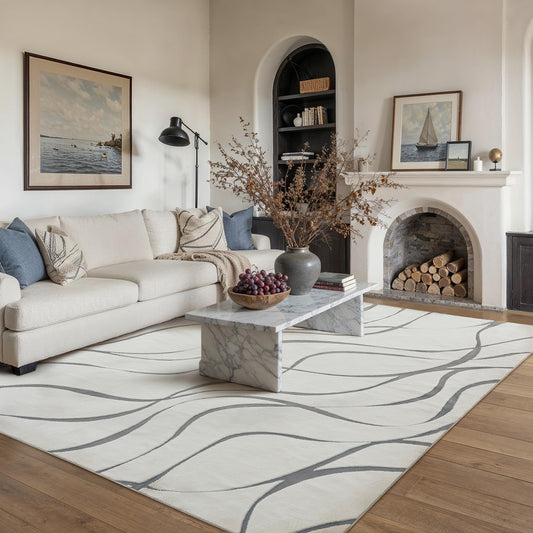 HUGEAR Shag Area Rug 6x9 Grey & Ivory Washable Living Room Bedroom Rug Non Slip Non-Shedding Soft Plush Medium Pile Large Throw Carpet for Home Office Aesthetic Modern Decor