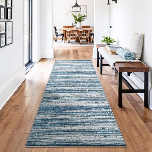 Chicrug 2x6 Hallway Washable Runner Rugs for Bedroom, Non Slip Striped Abstract Runners Rug for Entryway Kitchen, Low Pile Indoor Floor Carpet Runner for Laundry Room Dorm Bedside Decor, Blue