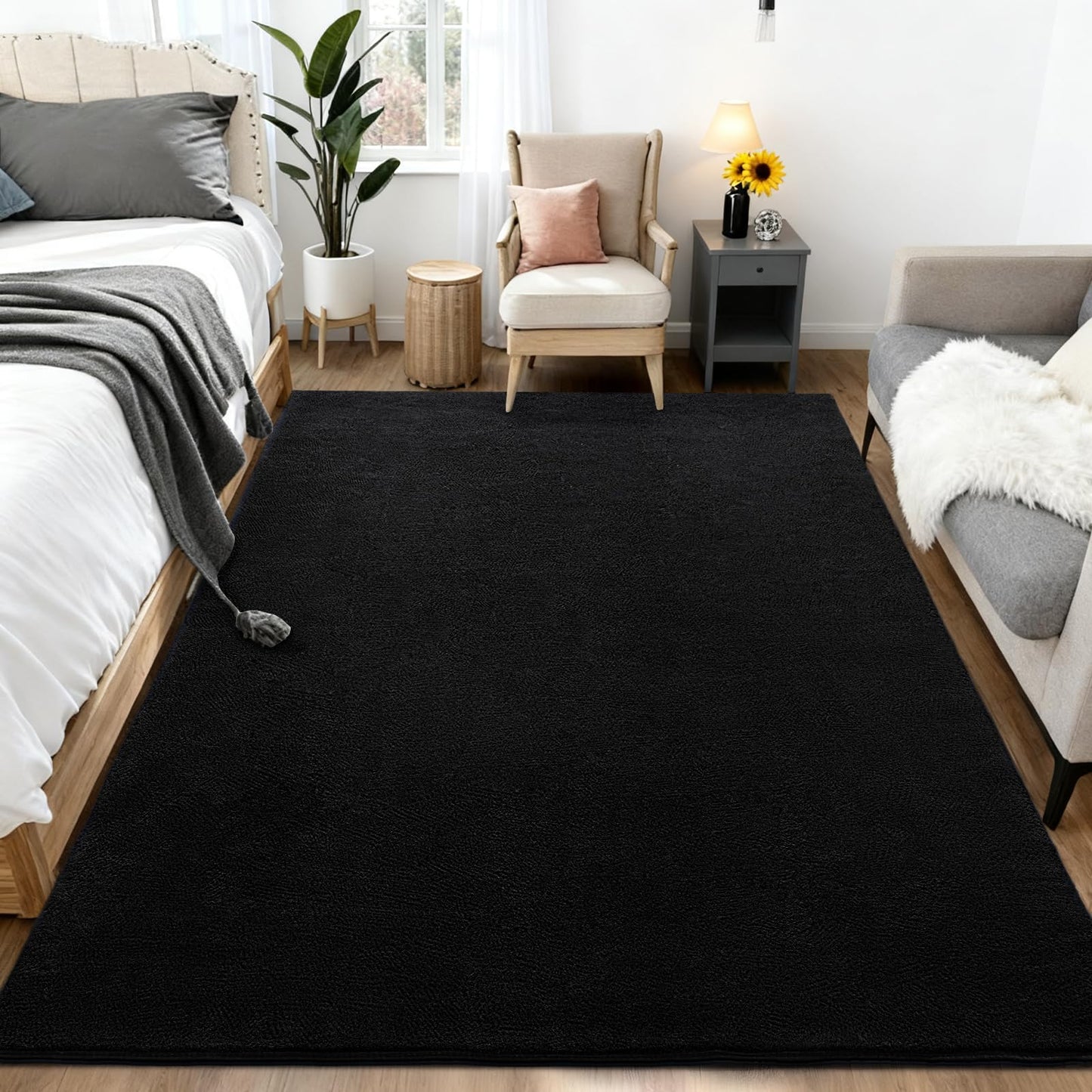 QDUIDU Large Area Rugs for Bedroom Living Room - 6x9 Feet Ultra Soft Black Rug Thickened with Memory-Foam, Solid Modern Minimalist Carpets for Home Decor, Non-Slip and Comfy Nursery Room Rugs